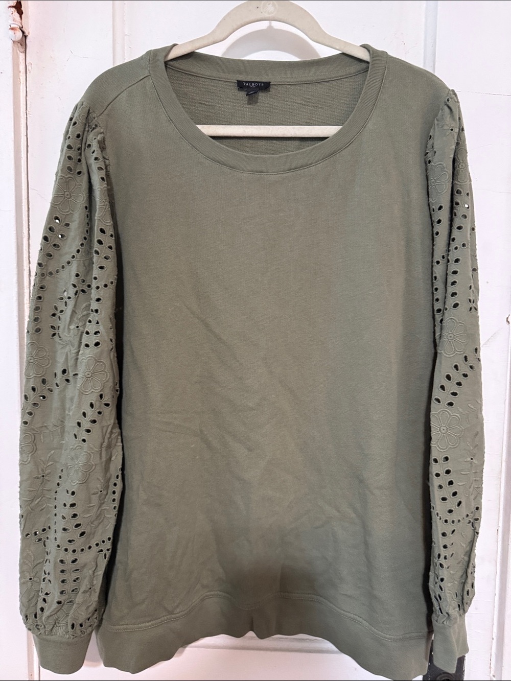 Talbots Olive Eyelet-Sleeve Pullover Sweatshirt